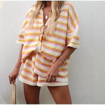 Summer Women Hollow Striped Knitted 2 Pieces Set Short Sleeve Flip Collar Cardigan Single Breasted Casual Shorts Suits S oranžinė