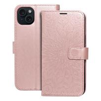 MEZZO knygos tipo dėklas telefonui IPHONE 15 Plus su mandalos raštu, rožinio aukso spalvos