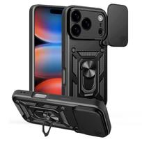 Hibridinis šarvuotas Camshield dėklas iPhone 17 Pro Max su stovu ir kameros dangteliu - juodas
