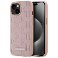Karl Lagerfeld odinis monograma metalinis logotipas Magnetinis iPhone 15 dėklas - rožinis