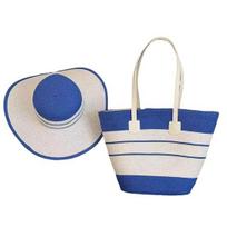 2Pcs/Set Hat Tote Bag Set Striped Print Wide Brim Straw Hat Handmade Rattan Tote Bag Set Summer Beach Sun Hat Picnic Bag Set
