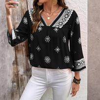 Ladies' Casual Retro Loose Bohemian Printed 3/4 Sleeve Shirt Top L juoda