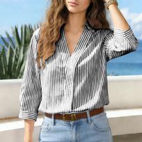 Women's Spring/Summer Casual Striped Loose-fitting Three-Quarter Sleeve Shirt L juoda