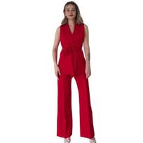 2 Pcs/Set Women Coat Pants Set V Neck Lace-up Slim Waist Mid Length Cardigan Sleeveless Jacket Wide Leg High Waist L raudona