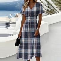 Ladies' Plaid Casual Fashionable Short Sleeved V-neck Dress L mėlyna