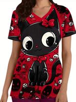 Surgical Uniform Woman Cute Cat Pattern Print V-Neck Short Sleeve Nurse Uniform Tops Comfortable with Pockets Medical Clothes XL