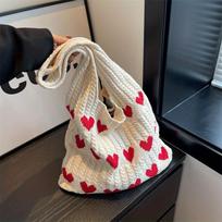Valentine's Day Single Shoulder Tote Bag, Large Capacity Color-Block Heart Knit Casual Hobo Beach Bag for Women,Vacation, and Daily Use smėlis