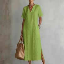 Ladies' Retro Comfortable Hollow Lace V-neck Loose Cotton And Linen Dress L žalia