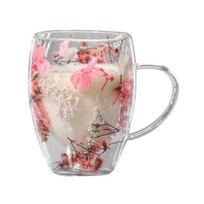 350ML dvigubos sienelės stiklinis kavos puodelis su džiovintomis gėlėmis, izoliuotas stiklinis puodelis su rankena, skaidrus, espreso, latte, cappuccino, pieno, sulčių, arbatos, vandens 350ml rožinė