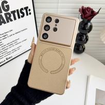 Samsung S26 Ultra/S25 Plus/S24 FE Leather Texture Magnetic Hard Phone Case S25 FE chaki