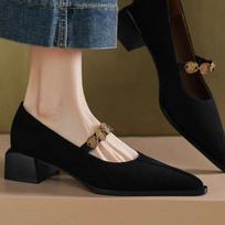 Retro Leather Men's Pointed-toe High-heel Single Shoes, Women's New Style Mid-heel Shoes 35 juoda