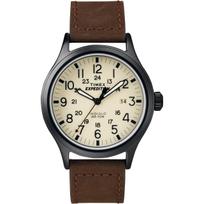 TIMEX Expedition Scout Metal T49963 Vyriškas laikrodis Kreminis ciferblatas Rudas odinis dirželis 40mm INDIGLO