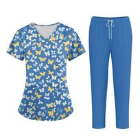 Plus SizePrinted Scrub Working Uniform Tops For Women's Cross V-Neck Halloween Print Short Sleeve Fun T-Shirts Workwear Tee With Pockets L mėlyna