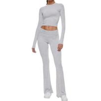 2 Pcs/Set Women Top Pants Suit Skinny High Waist O Neck Long Sleeves Pure Color Stretchy Soft Breathable Yoga Bell Bottoms S šviesiai pilka spalva