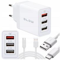 Spartusis sieninis įkroviklis 3xUSB Quick Charge QC 30W + USB-C laidas 1m baltas
