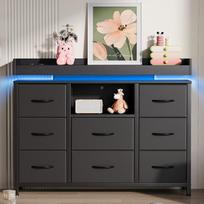 8 stalčių spintelė su LED apšvietimu, USB ir kintamosios srovės jungtimis, daiktadėže, juoda