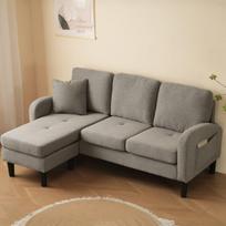 L formos kampinė sofa su chaiselongue, 3 vietų, medvilnės-linų audinys, plastikinės kojos, svetainė, butas, biuras