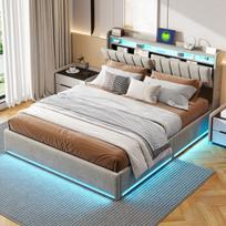 Minkšta lova su LED apšvietimu ir 2 USB įkrovimo prievadais, lovos rėmas su grotelėmis, 160x200 cm, pilkas aksomas, be čiužinio