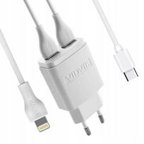VIDVIE tinklo įkroviklis 2.4A 2xUSB + 2x laidas greitam įkrovimui, baltas