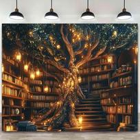 VIKAMA Warm Light Treehouse Library Tapestry Forest Style Study Decor Backdrop Bedroom Headboard Wall Cloth Dorm Room Decoration 74x94cm(29x37in)
