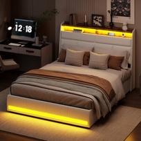 Dvigulė lova 160x200 cm, su LED apšvietimu, grotelių pagrindas, PU, ​​​​balta