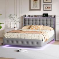 Plaukiojanti dvigulė lova 160x200, LED ir C tipo galvūgalis, jaunimui, aksominė, pilka