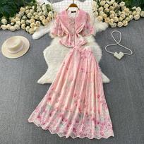 Elegant 2 Piece Set Women Summer Spring Floral Print Embroidery Prom Evening Party Long Dress Suits Crop Top Skirts Suits S