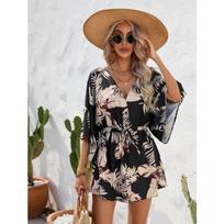 Women's Summer Tropical Leaf Print V Neck Kimono Sleeve Tie Waist Button Front Mini Dress Casual Beach Vacation Short Dress S juoda
