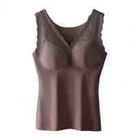 Winter Ladies Thermal Vest with Chest Pads Seamless Lace Fast Temperature Lock V-Shaped Neck Slim Fit Elastic Sleeveless Inner Wear B Practical Use L ruda