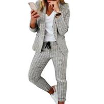 2 Pcs/Set Women Blazer Pants Set Turn-down Collar Cardigan Long Sleeve Elastic Waist Slim Fit Drawstring Formal Ankle Length M balta