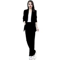 2 Pcs/Set Women Coat Pants Set Lapel Single Button Mid Length Cardigan Long Sleeve Jacket Wide Leg High Waist M juoda