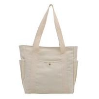 Women Canvas Shoulder Bag Heavy Duty Work Tote with Side Pockets Zip smėlis