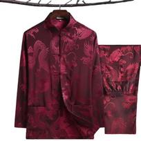 Sale Chinese Traditional Men Silk Satin Kung Fu Suit Tang Suit Sets Long Sleeve Jacket Pants Dragon Wu Shu Tai Chi Sets M vyno raudonos spalvos