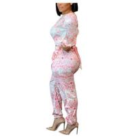 Women's Fashion Temperament Long Sleeve Senior Sense Lace Up Print Casual Two Piece Suit XXL mėlyna