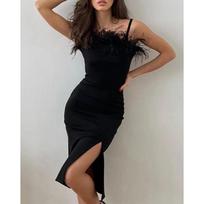 Moteriška rudens su plunksnomis ant petnešėlių Bodycon midi suknelė su aukštu skeltuku Seksuali prigludusi kokteilinė, vakarinė, išleistuvių suknelė S juoda