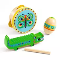 Djeco Animambo Muzikos instrumentų rinkinys: tamburinas, marakasas, guiro DJ06031