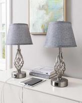 EDISHINE stalinė LED lempa, jutiklinis reguliavimas, 2 USB, 46 cm, lininis gaubtas, pilka, 2 vnt.