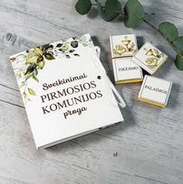 Atvirukas su mini šokoladukais „Sveikinimai pirmosios komunijos proga“
