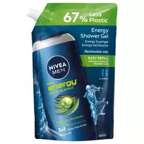 NIVEA_Men Energy 3-in-1 dušo gelis vyrams, pildomasis buteliukas, 500 ml