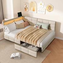 Sofa-lova 140x200 cm su 2 stalčiais - LED ir USB - Lininė - Smėlio spalvos
