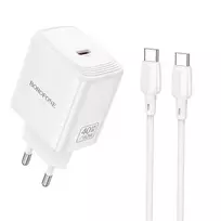 Borofone BN33 Fuente travel charger | 40W | PD, QC, GaN, PPS | USB-C | with USB-C to USB-C cable included | white