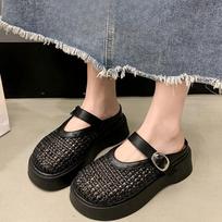 Hollowed-out Woven Toe Shoes Muffin Thick-soled Height-increasing Flip-flops Crocs 35 juoda