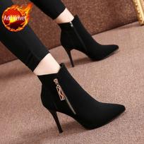 Pointed Toe Very High Heels Woman Short Shoes Black Autumn Winter Booties Chic and Elegant Fleece-Lined Ankle Boots for Women 34 black