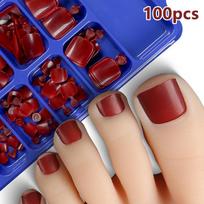 100pcs Fake Toenail Natural Solid Color Press On Toe Foot Full Cover Square Nails Art Tips Fast Wearable Nail Manicure Tool vyno raudonos spalvos