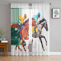 Juodo ir balto žirgo akvarelės paveikslo tiulio permatomos langų užuolaidos svetainei, virtuvei, vaikų miegamajam, voile pakabinama užuolaida W135 x H114cm