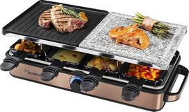 "Bestron" "2-in-1 Raclette Party" grilis: Elektrinis "Raclette" iki 8 žmonių, įbrėžimams atsparus natūralus grilio akmuo ir neprideganti grilio plokštė, 8 keptuvės ir 8 grandikliai, 1 400 W, spalva: Vario