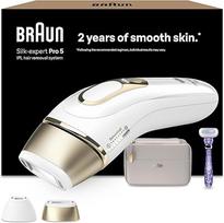 "Braun IPL Silk-Expert Pro 5" plaukų šalinimo prietaisas, skirtas nuolatiniam matomų plaukų šalinimui, "Venus" skustuvas ir maišelis, alternatyva plaukų šalinimui lazeriu, dovana moteriai, PL5157, baltas/auksinis