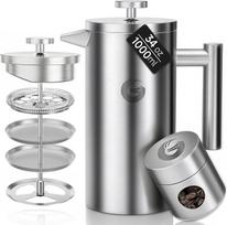 "Coffee Gator French Press" / kavos virimo aparatas / arbatos virimo aparatas 1 litro talpos dvigubų sienelių prancūziškas presas, kuriame kava ilgiau išlieka šilta, matinės pilkos spalvos kavos puodelis su mini kavos skardine, 1 l