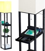 SUNMORY grindų lempa, svetainės grindų lempa su medžio masyvo lentyna, 3 spalvų temperatūros, 2 USB įkrovimo prievadai ir 1 stalčius, svetainės, miegamojo, grindų lempa, juoda, su lemputėmis