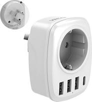 VINTAR adapteris Australija, "5-in-1" adapteris Kinija Vokietija kištukas su 3 USB jungtimis ir 1 USB C jungtimi, tinka Australijos, Kinijos, Naujosios Zelandijos kelionių adapteriui, baltas, I tipo